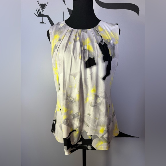 Calvin Klein Sleeveless Pleated Blouse | Abstract Floral Yellow Black Top. Ptp22 - Picture 2 of 9